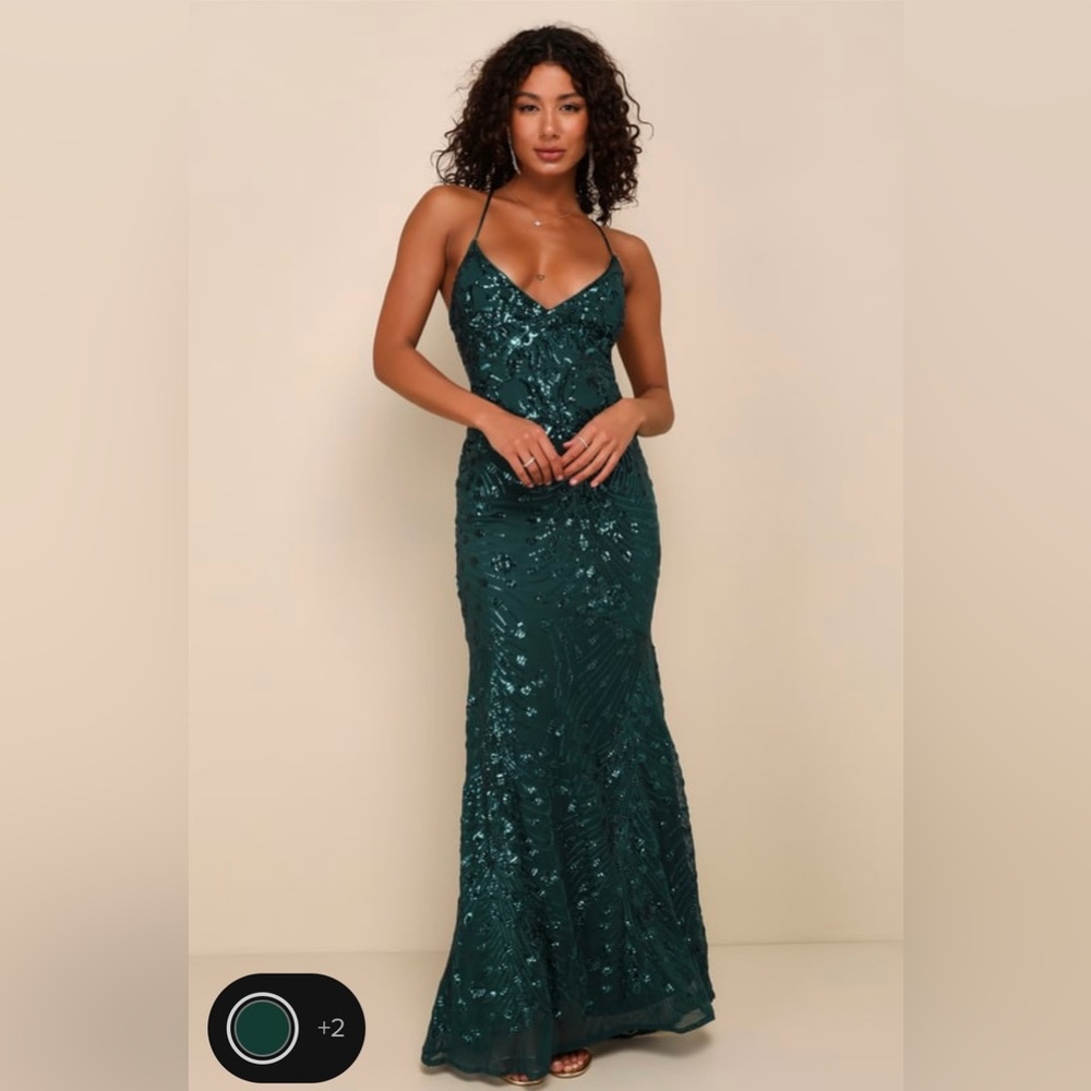 Lulu’s Photo Finish Forest Green Sequin Lace-Up Maxi Dress